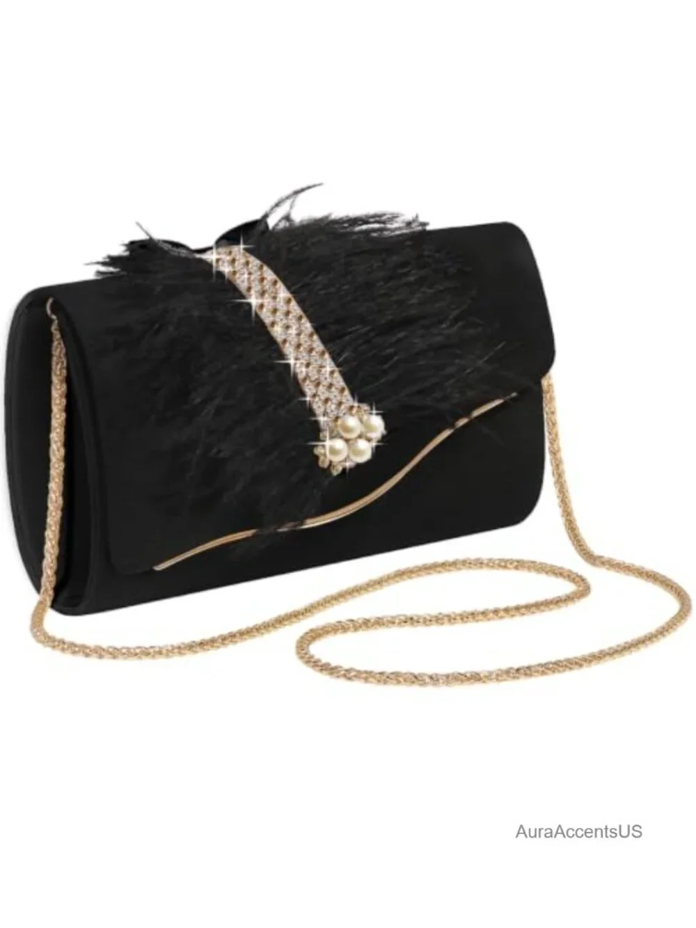 Faux Suede Envelope Clutch with Rhinestone Pearl Feather Crossbody Chain,